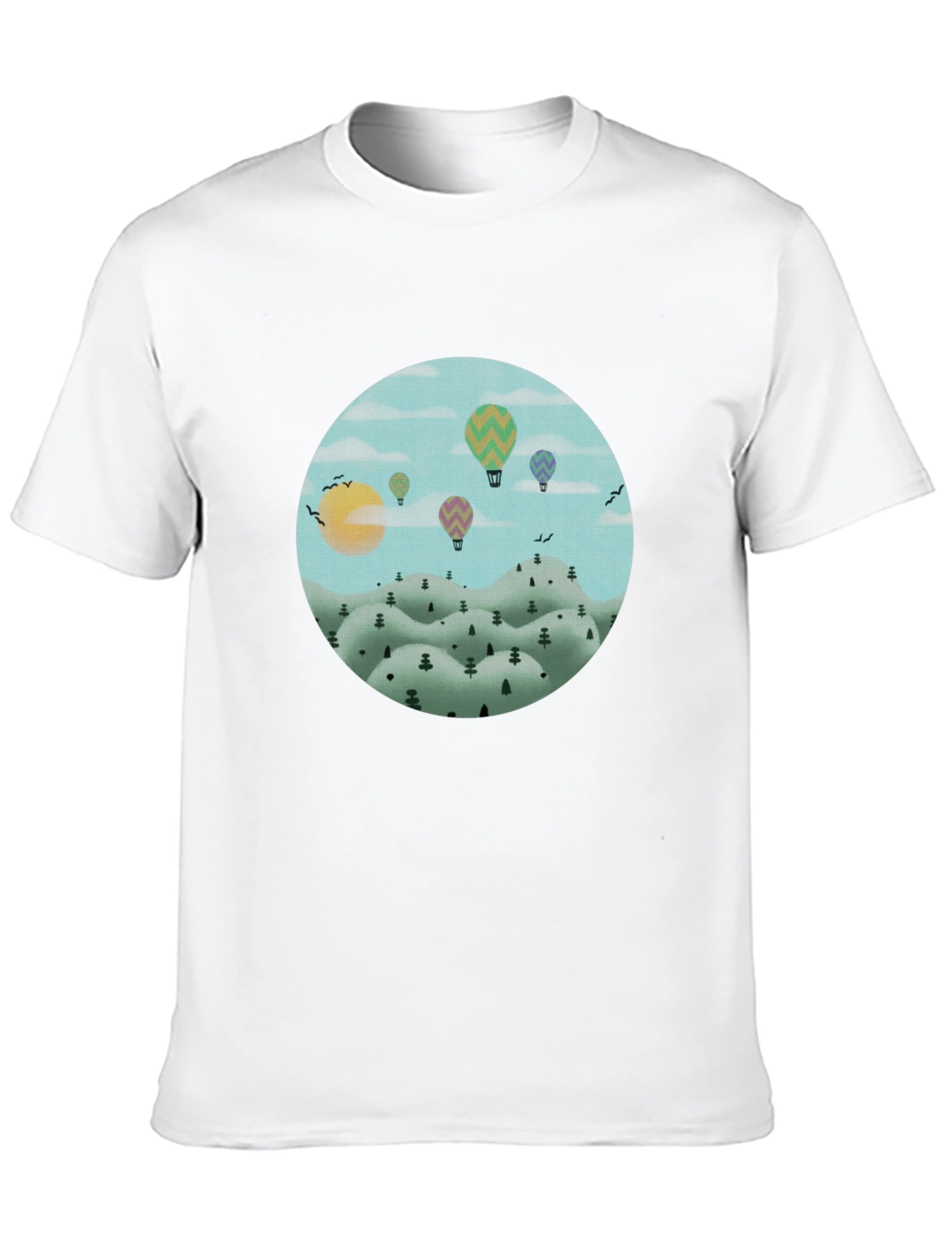 Hot Air Balloon Landscape Graphic Tee - Black Cotton