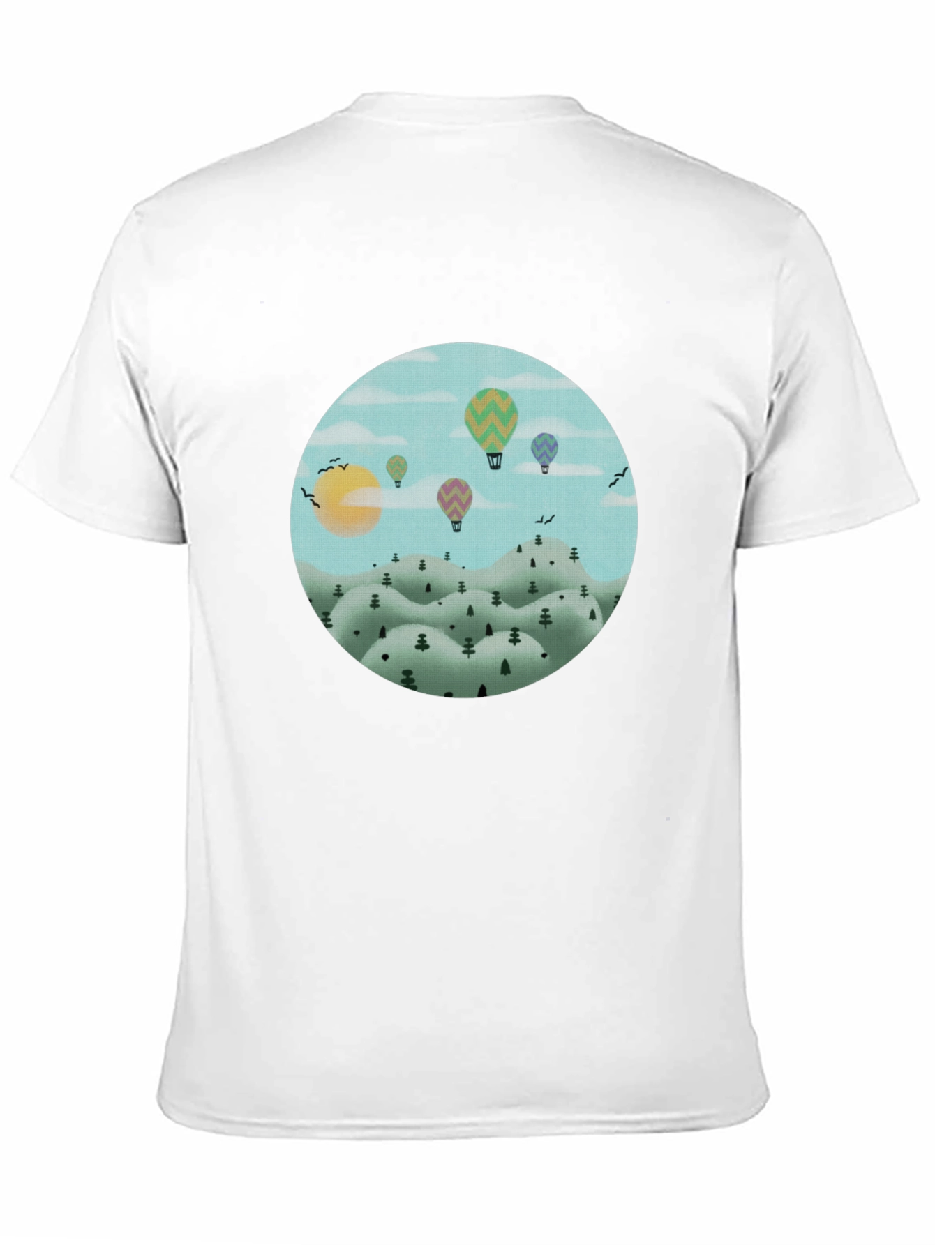 Hot Air Balloon Landscape Graphic Tee - Black Cotton