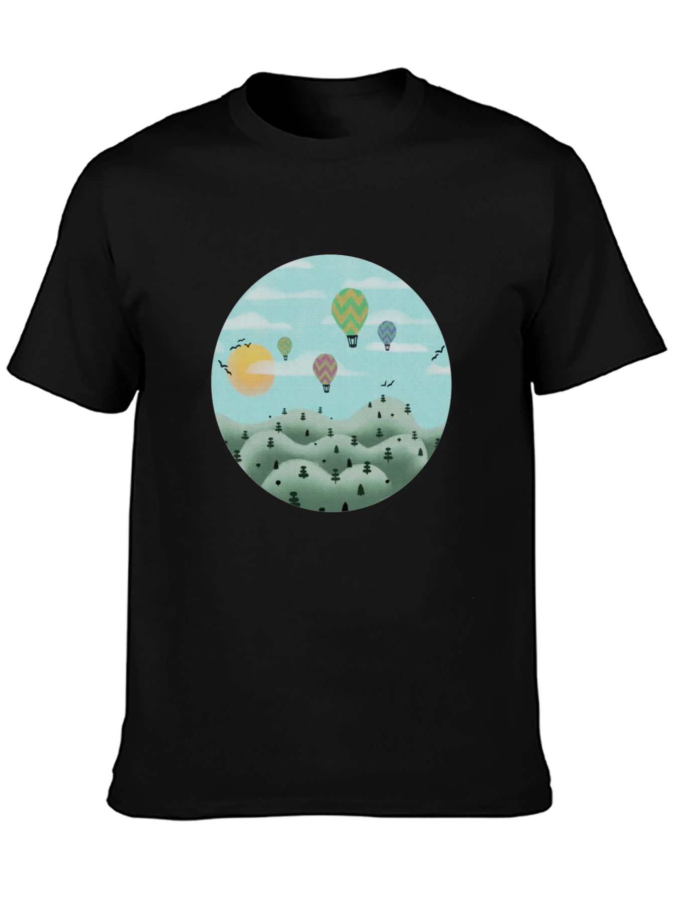 Hot Air Balloon Landscape Graphic Tee - Black Cotton