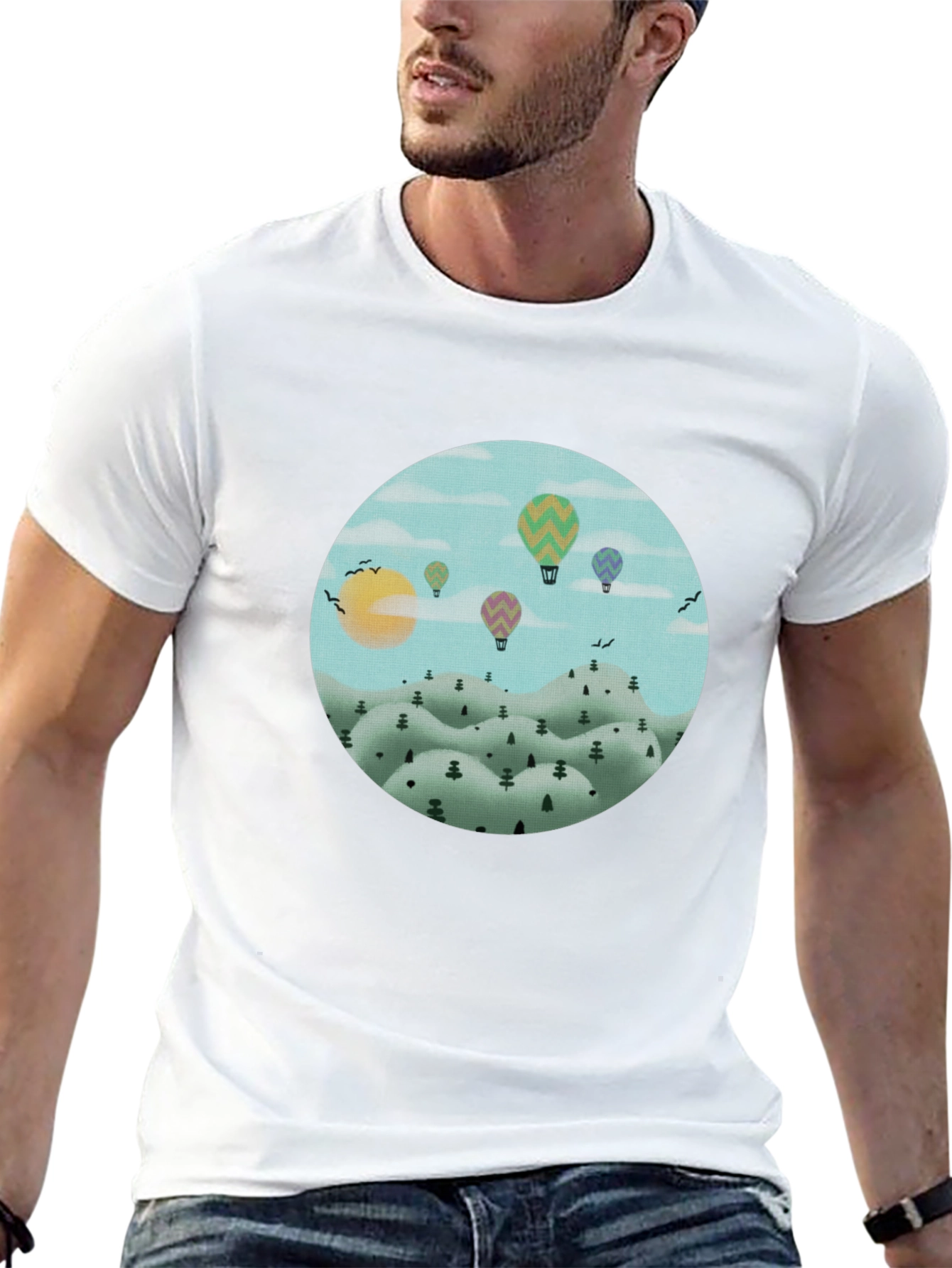 Hot Air Balloon Landscape Graphic Tee - Black Cotton