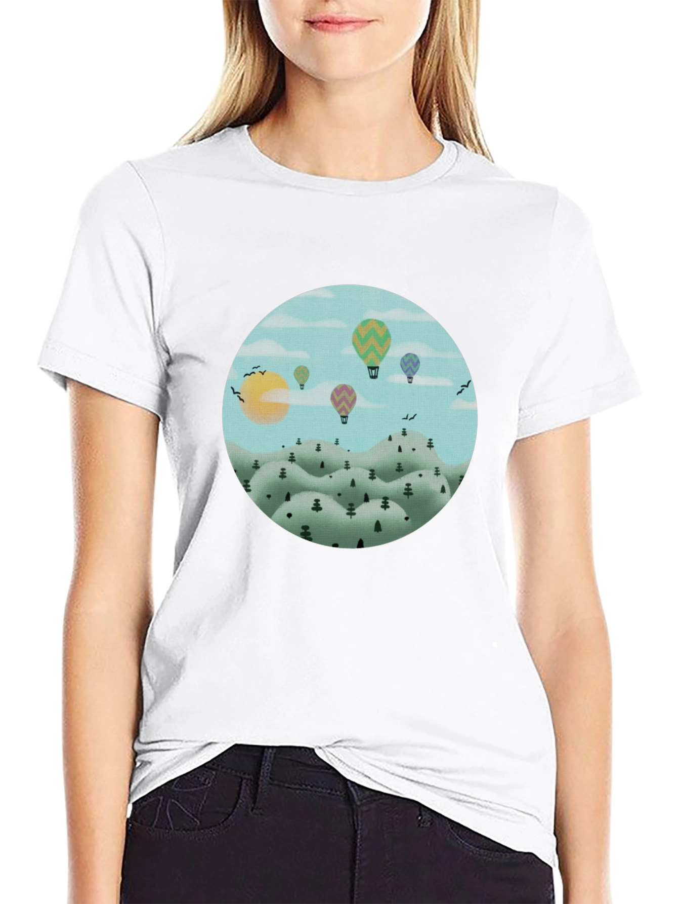 Hot Air Balloon Landscape Graphic Tee - Black Cotton