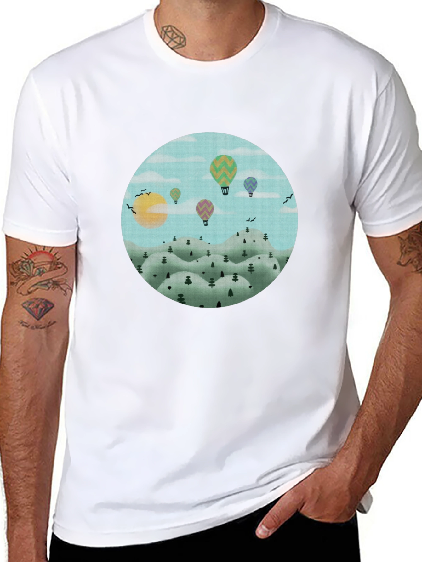 Hot Air Balloon Landscape Graphic Tee - Black Cotton