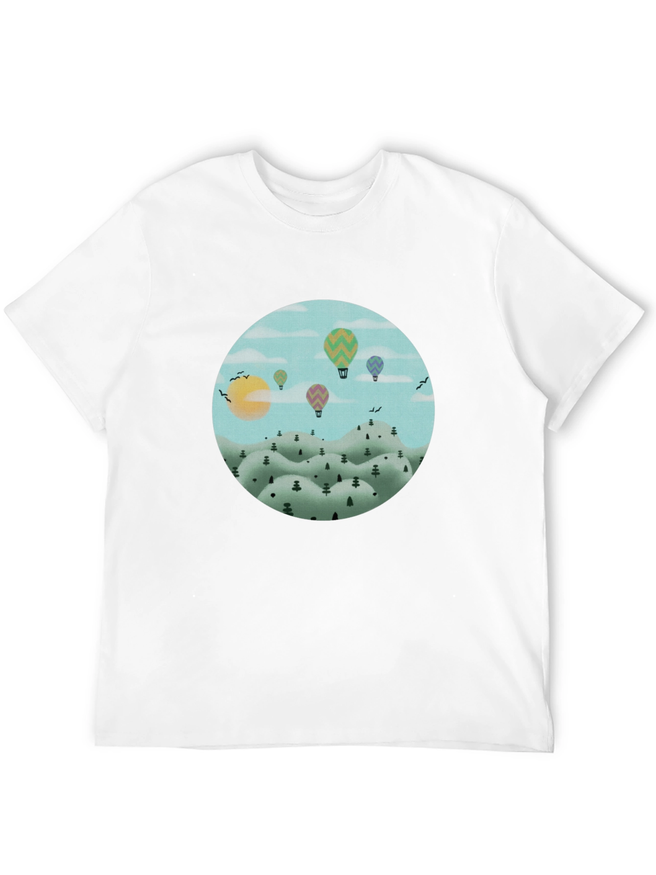 Hot Air Balloon Landscape Graphic Tee - Black Cotton