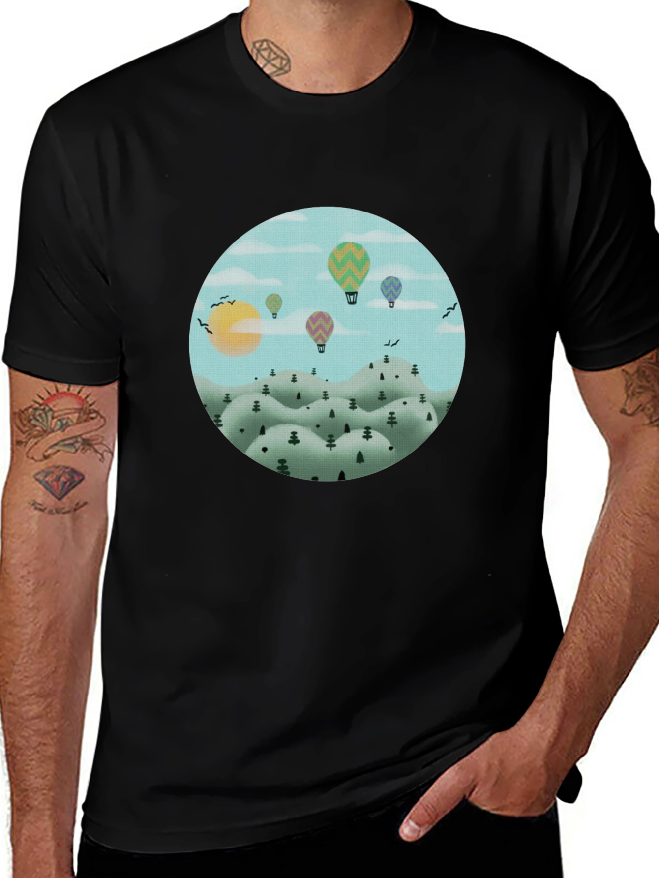 Hot Air Balloon Landscape Graphic Tee - Black Cotton