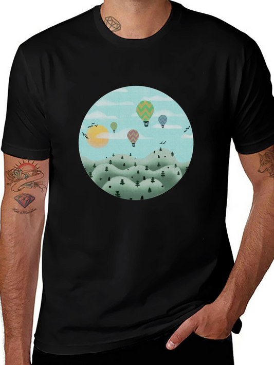 Hot Air Balloon Landscape Graphic Tee - Black Cotton