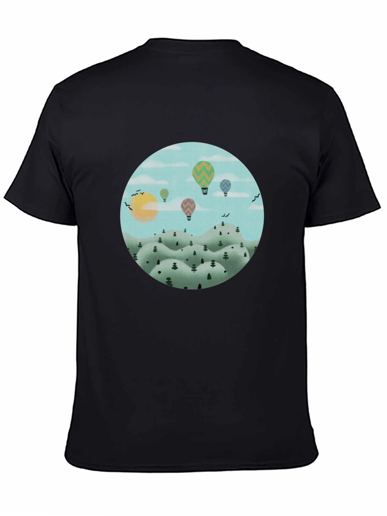 Hot Air Balloon Landscape Graphic Tee - Black Cotton