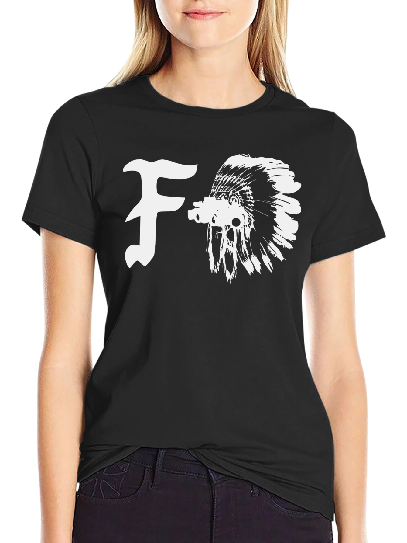 Black T-Shirt with F and Indian Headdress Graphic