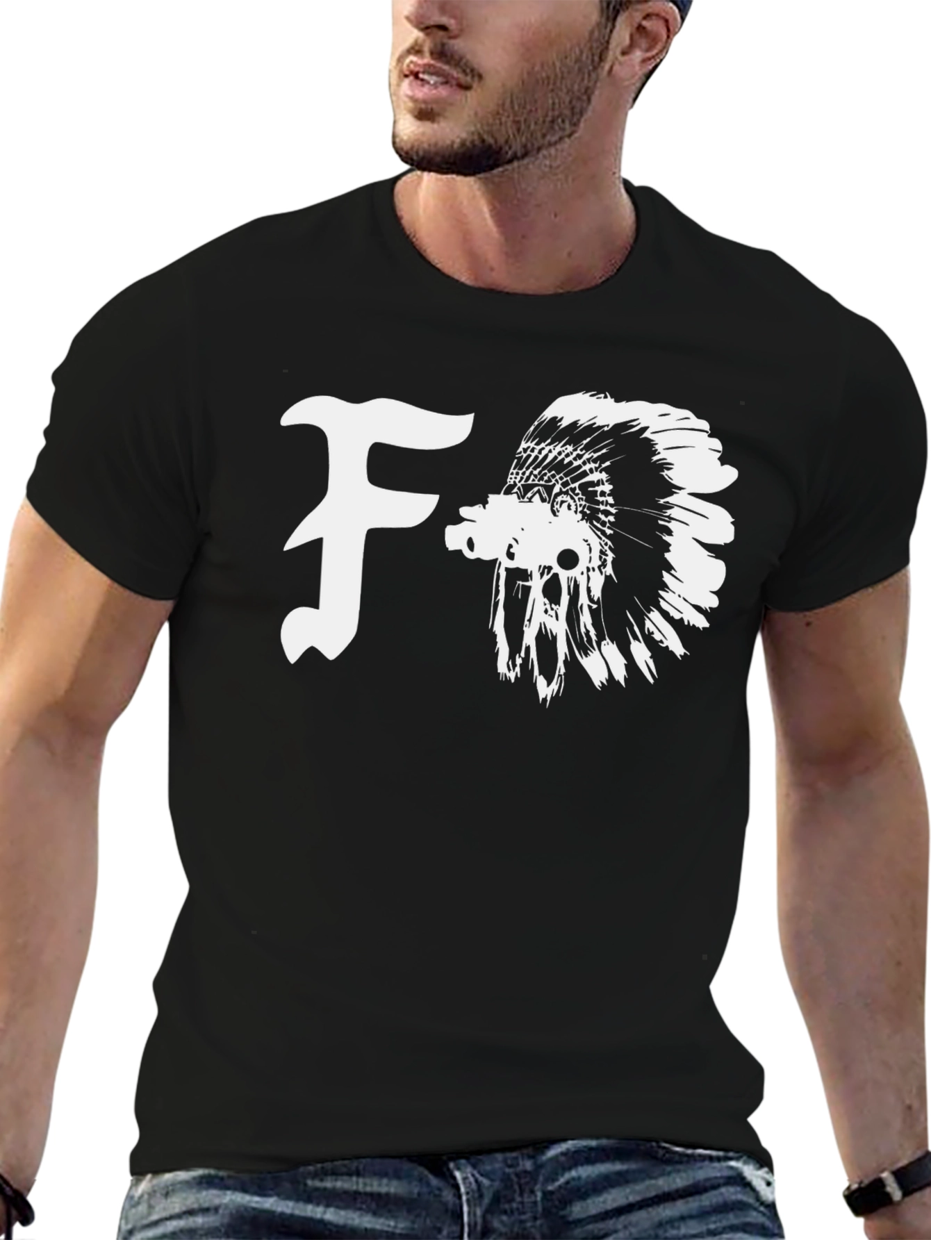 Black T-Shirt with F and Indian Headdress Graphic