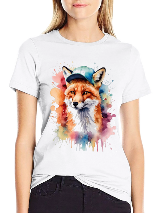 Cool Fox Tee - Watercolor Fox in Hat Black T-Shirt