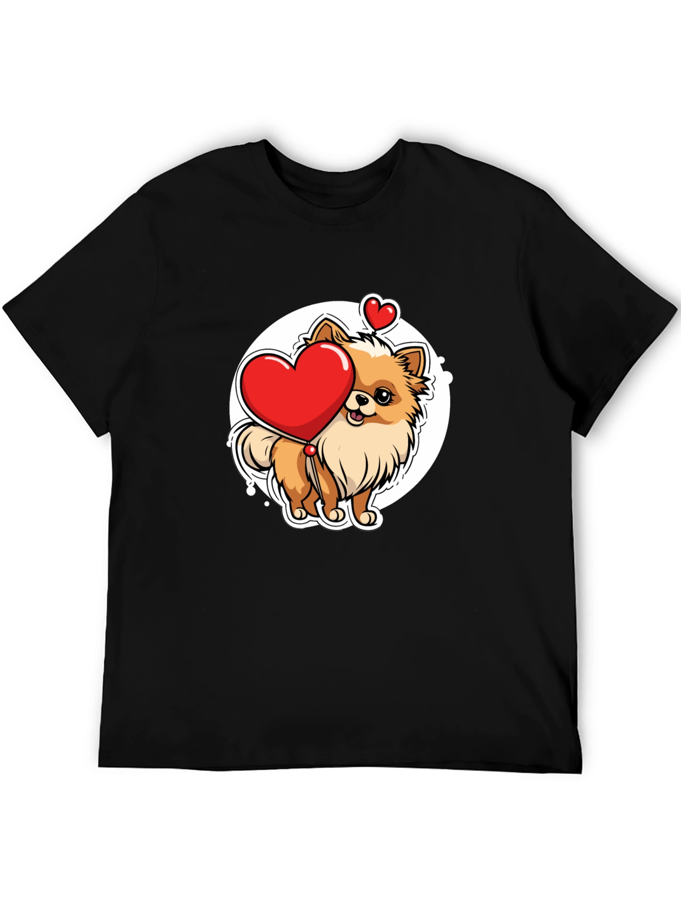 Cute Pomeranian Dog Holding Heart - Mens Black T-Shirt