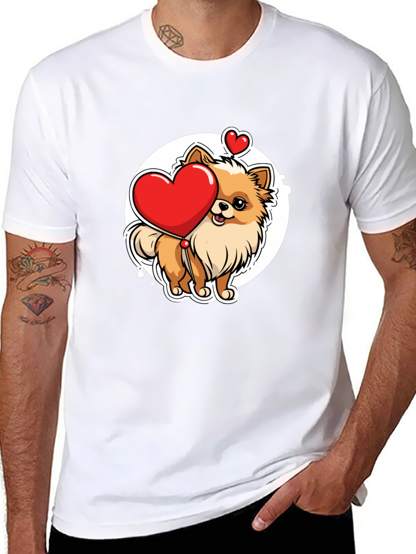 Cute Pomeranian Dog Holding Heart - Mens Black T-Shirt