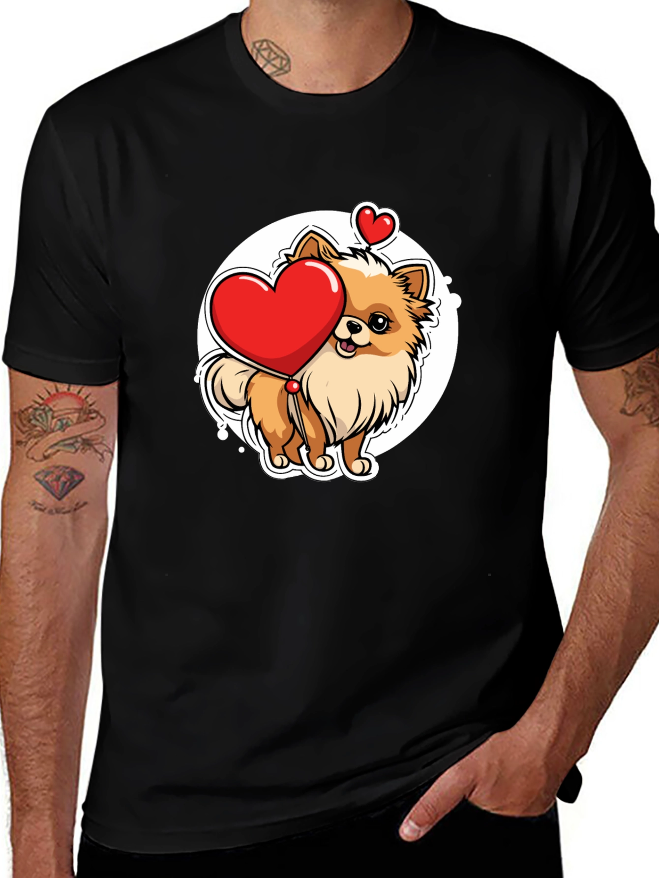 Cute Pomeranian Dog Holding Heart - Mens Black T-Shirt
