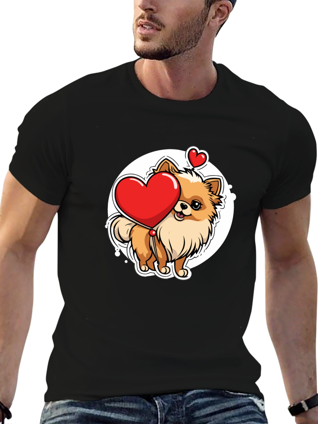 Cute Pomeranian Dog Holding Heart - Mens Black T-Shirt