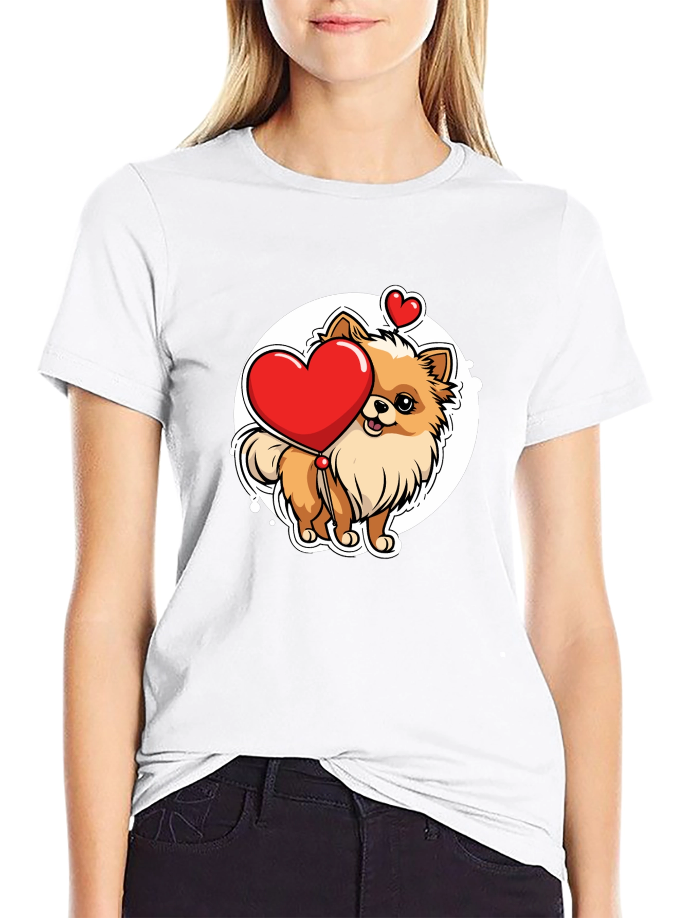 Cute Pomeranian Dog Holding Heart - Mens Black T-Shirt