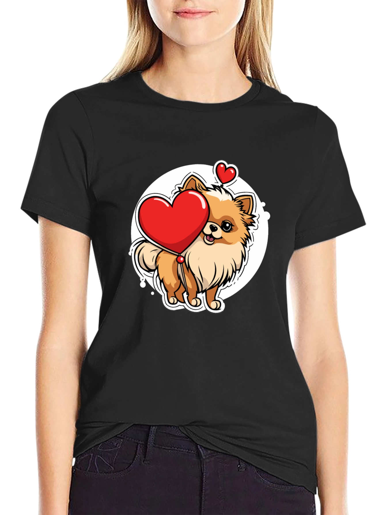 Cute Pomeranian Dog Holding Heart - Mens Black T-Shirt