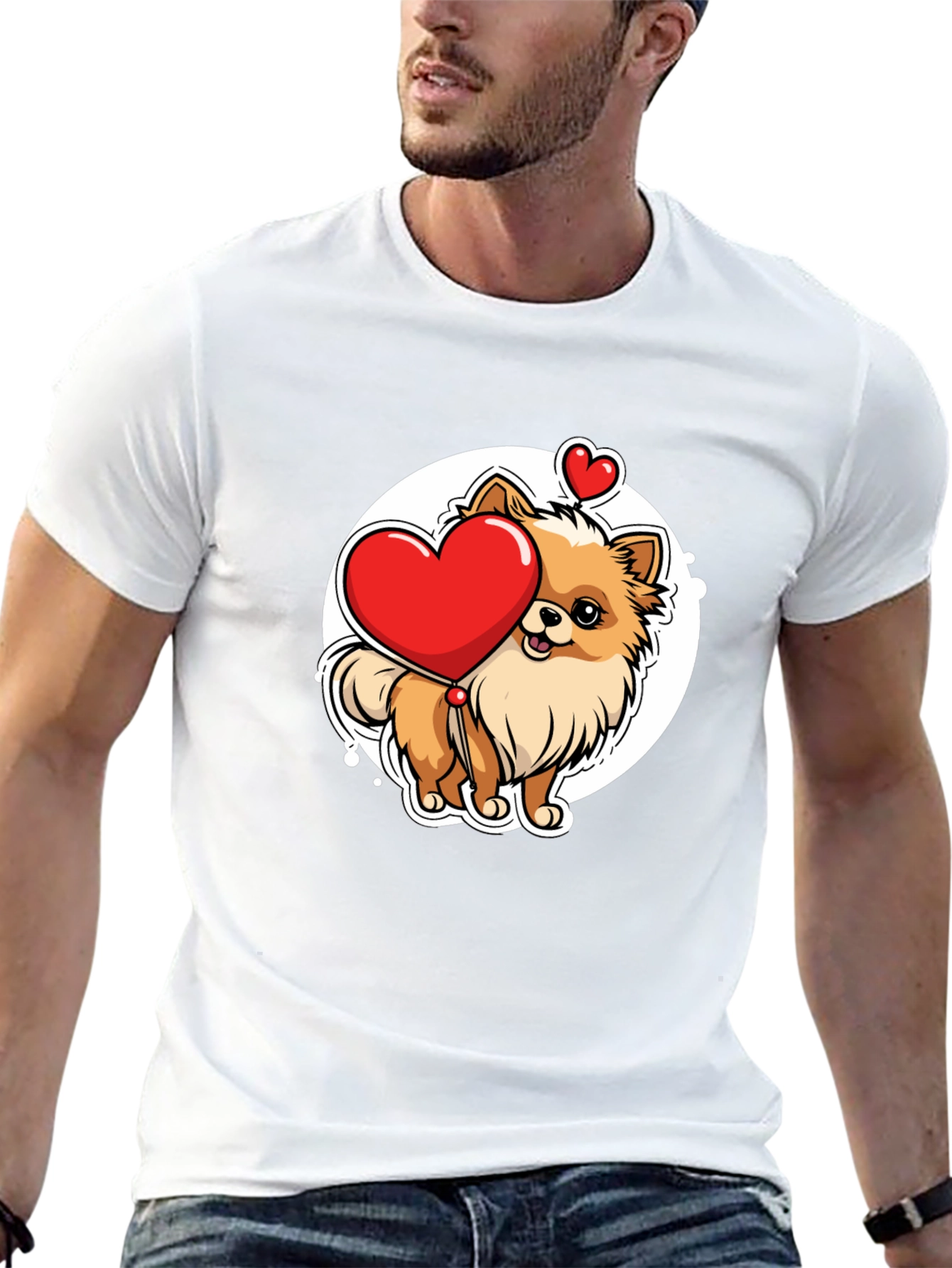 Cute Pomeranian Dog Holding Heart - Mens Black T-Shirt