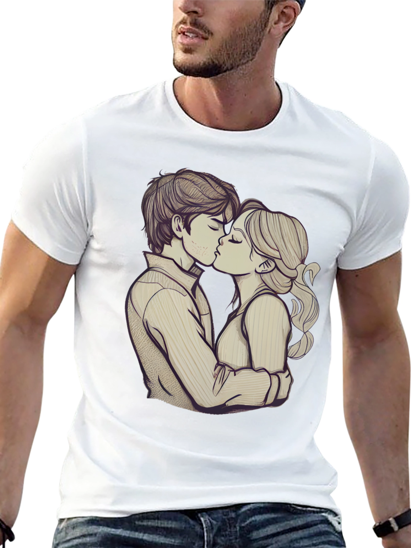 Romantic Couple Kissing Graphic Black T-Shirt