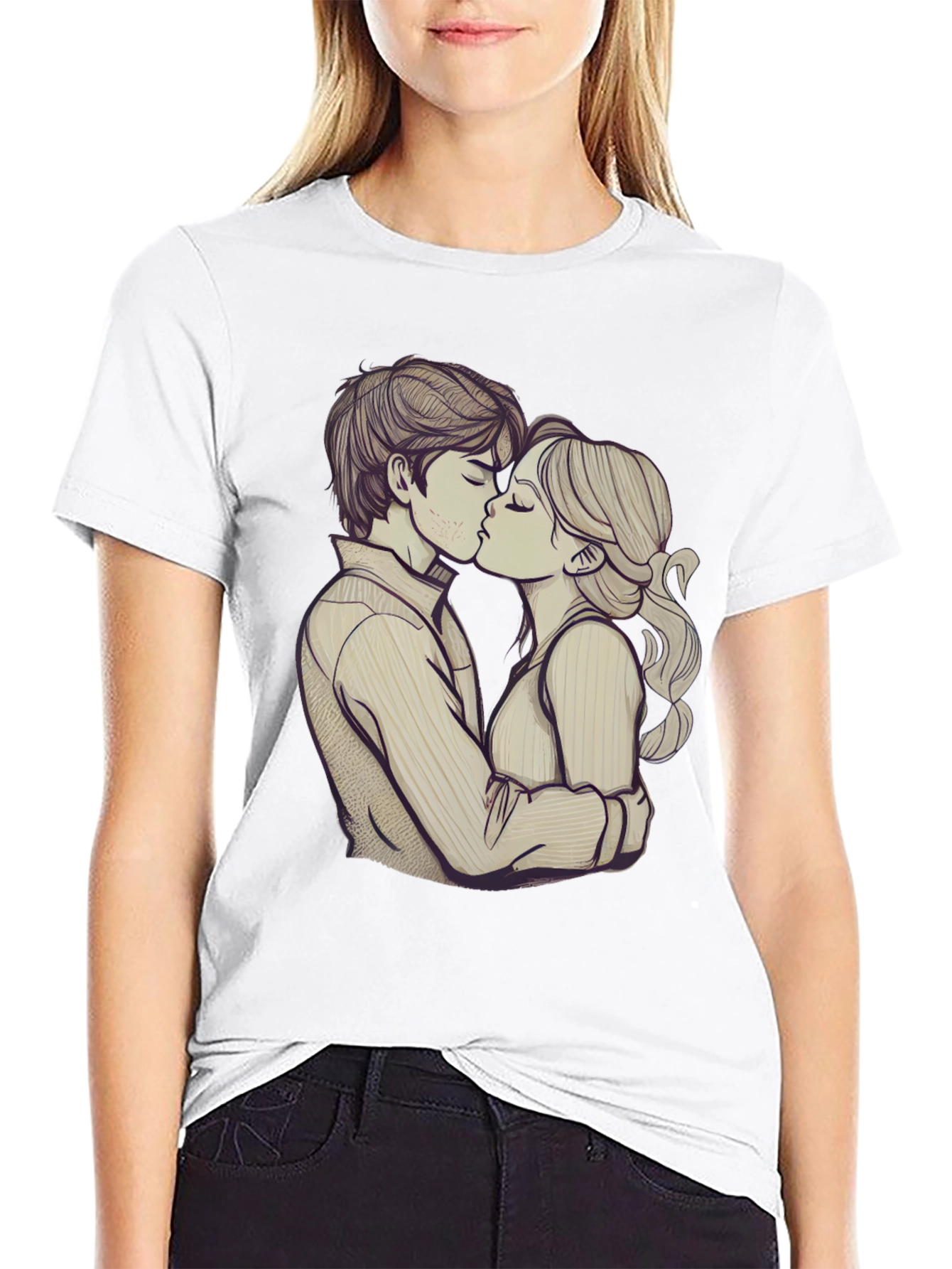 Romantic Couple Kissing Graphic Black T-Shirt