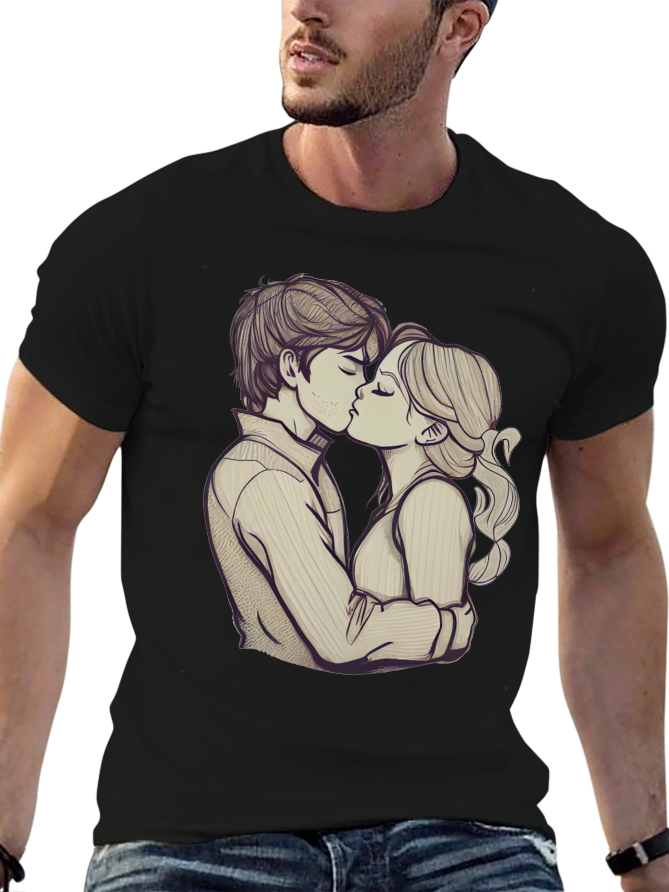 Romantic Couple Kissing Graphic Black T-Shirt