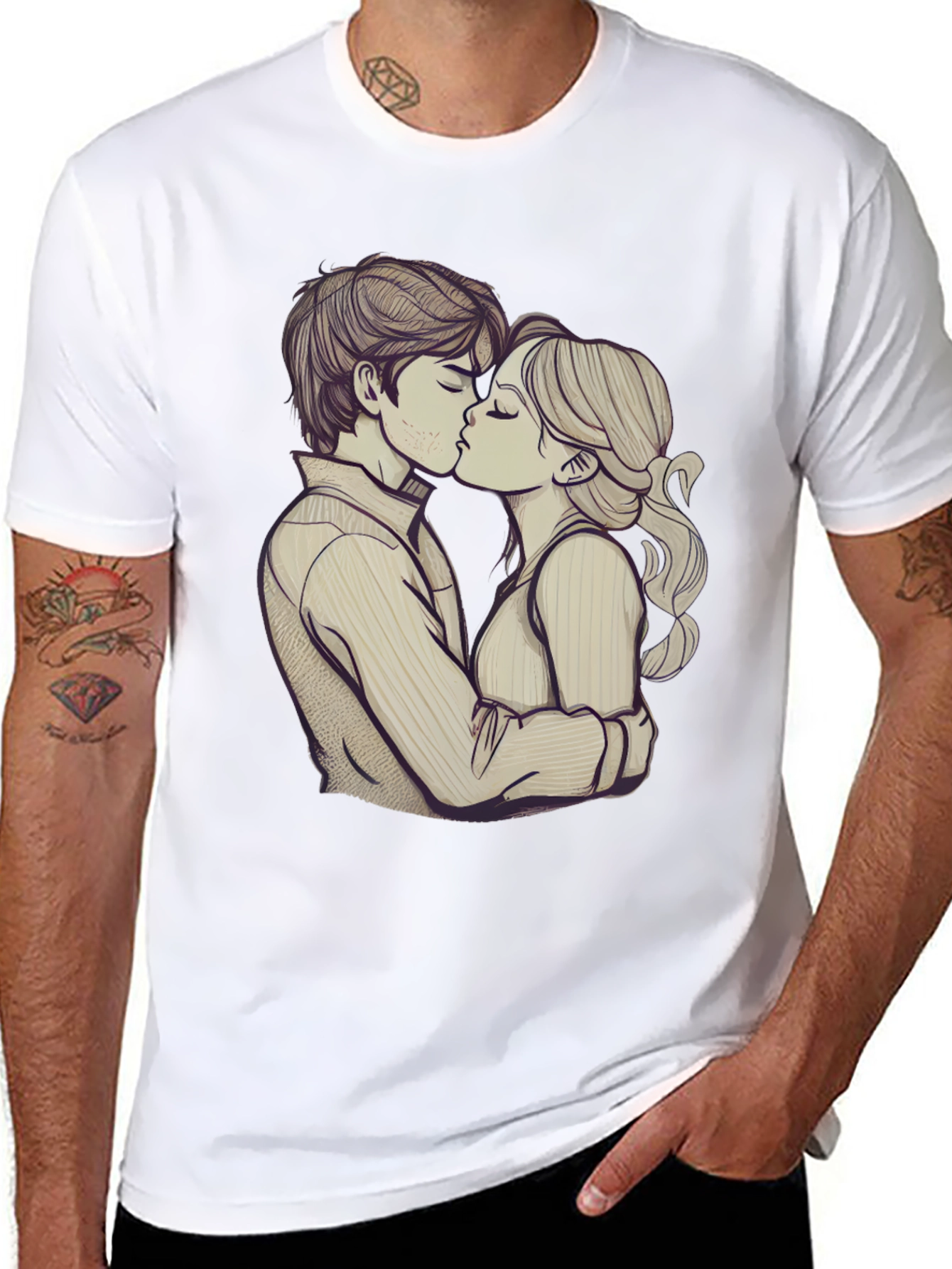 Romantic Couple Kissing Graphic Black T-Shirt