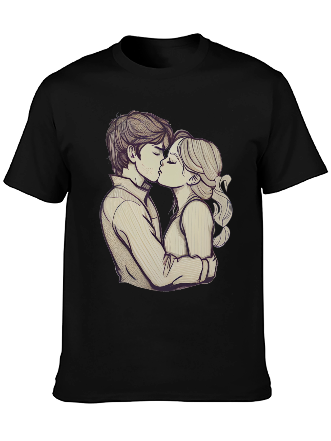 Romantic Couple Kissing Graphic Black T-Shirt