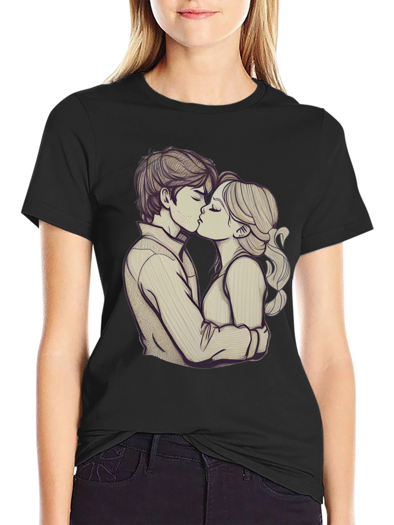 Romantic Couple Kissing Graphic Black T-Shirt