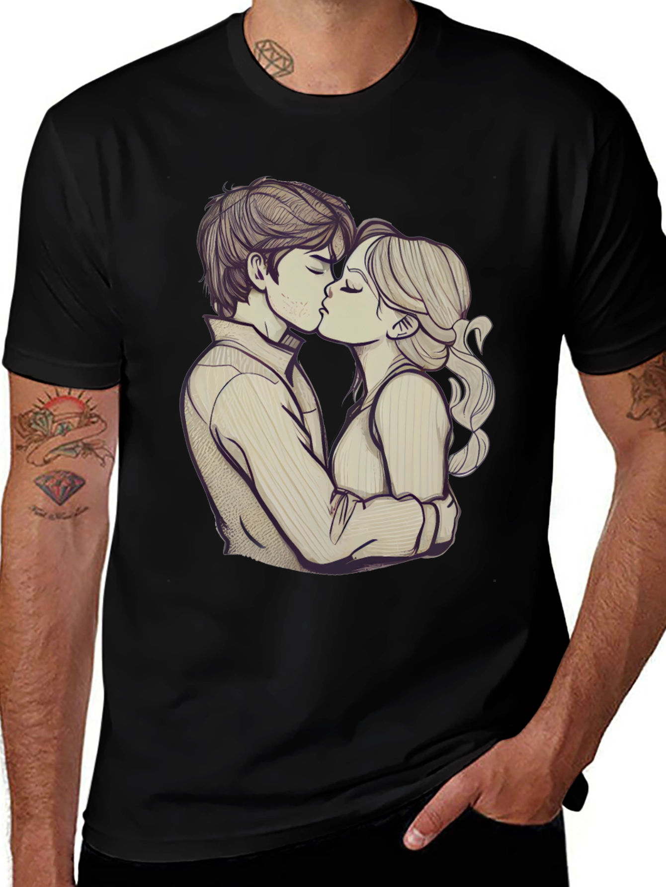 Romantic Couple Kissing Graphic Black T-Shirt