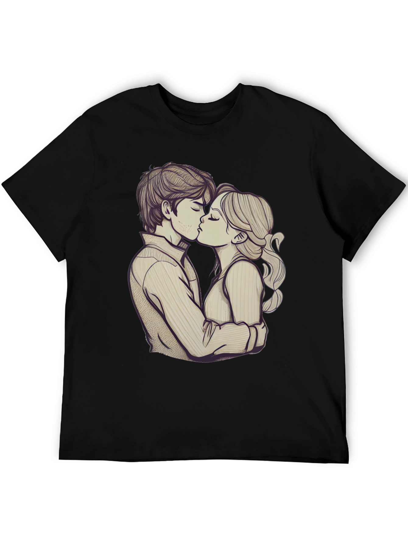 Romantic Couple Kissing Graphic Black T-Shirt