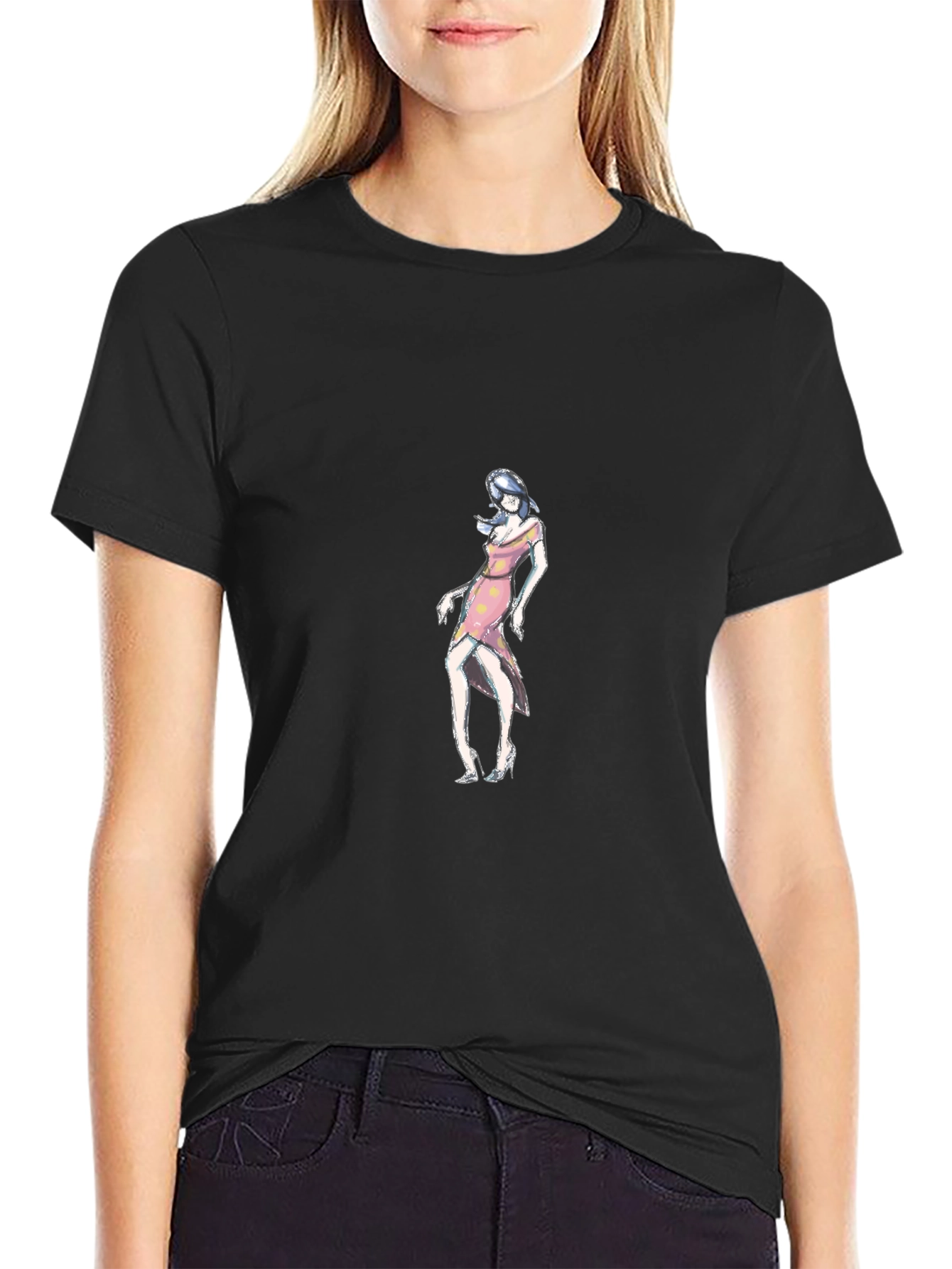 Black T-Shirt with Woman in Pink Dress Design