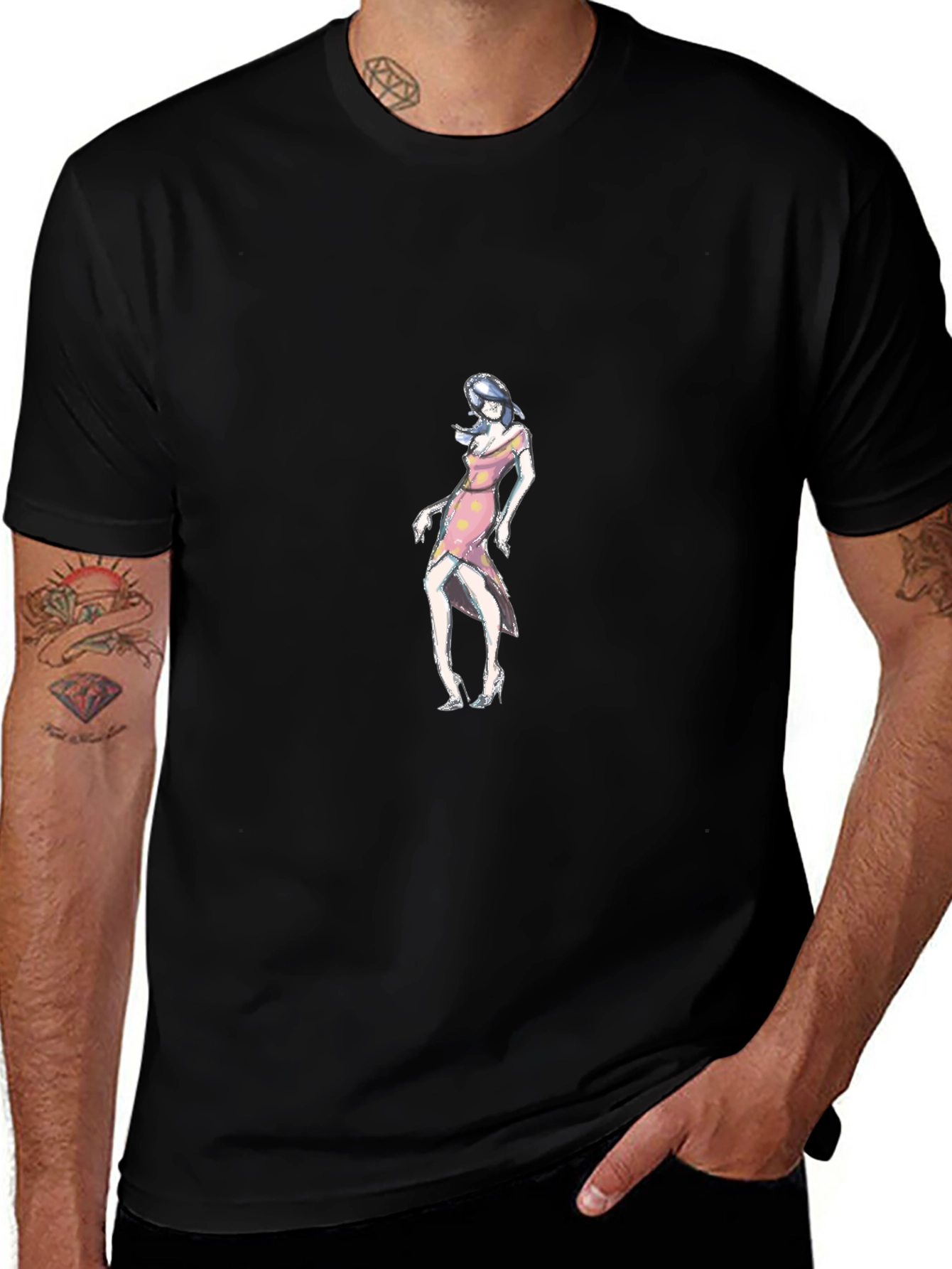 Black T-Shirt with Woman in Pink Dress Design