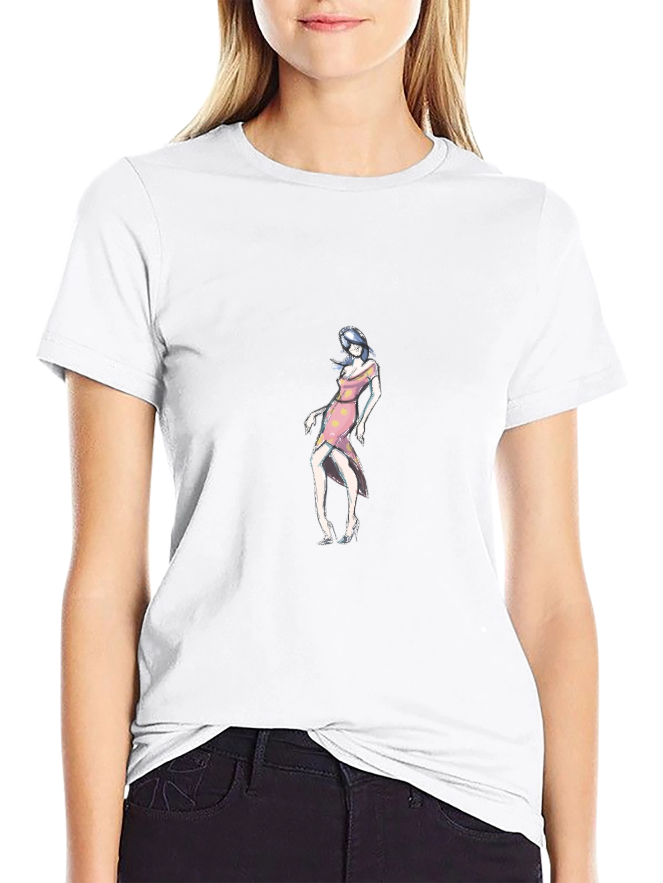 Black T-Shirt with Woman in Pink Dress Design