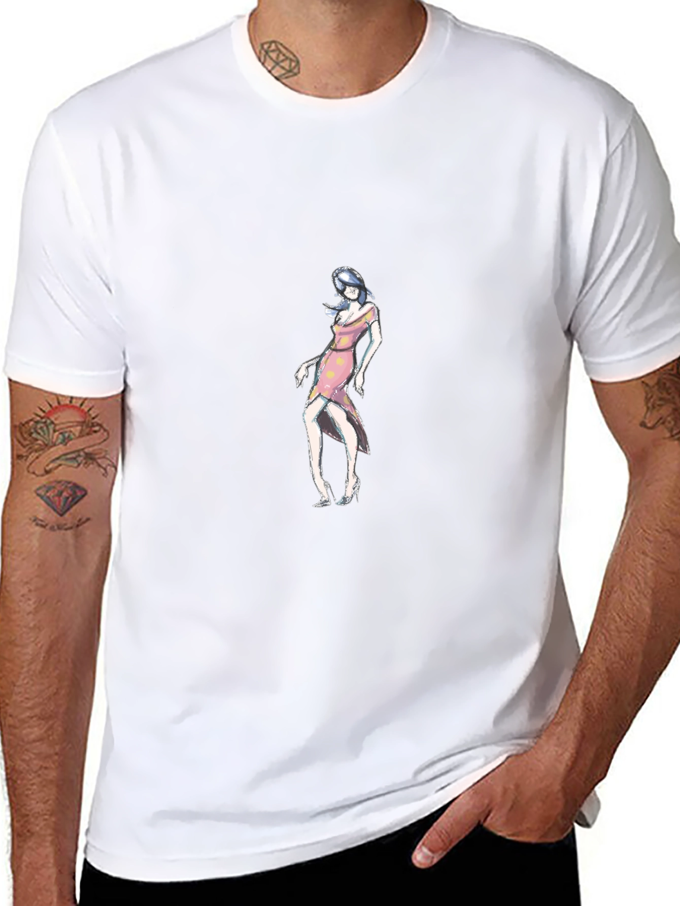 Black T-Shirt with Woman in Pink Dress Design