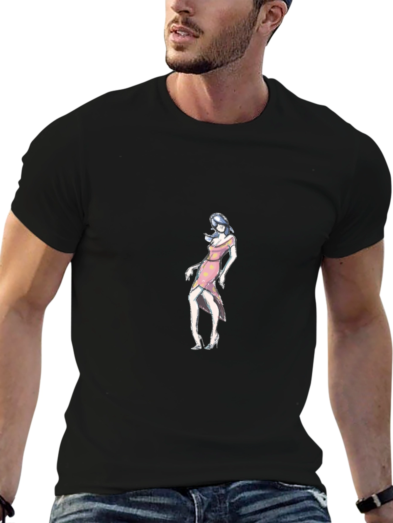 Black T-Shirt with Woman in Pink Dress Design