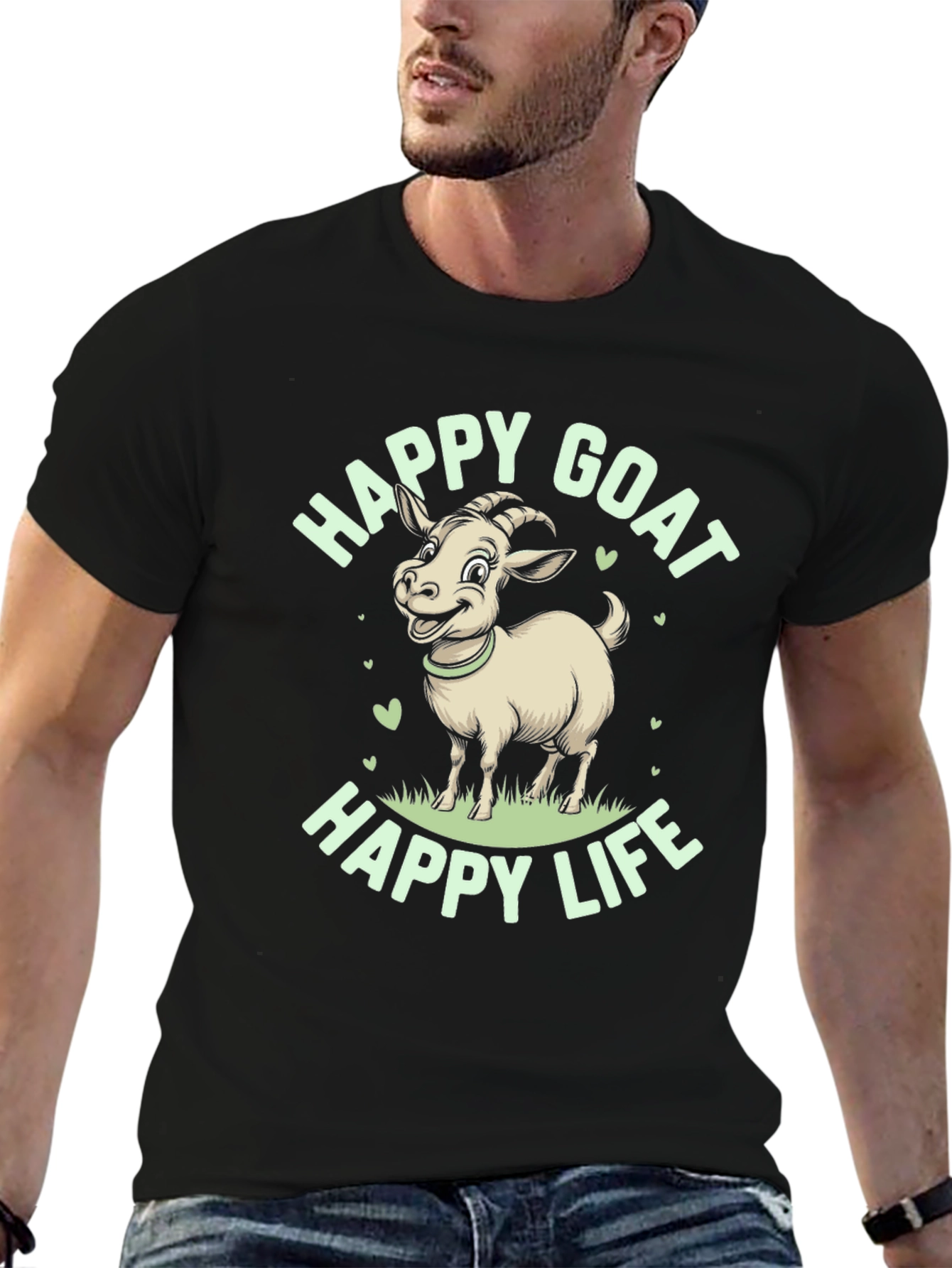 Happy Goat Graphic Tee - Black Cotton T-Shirt
