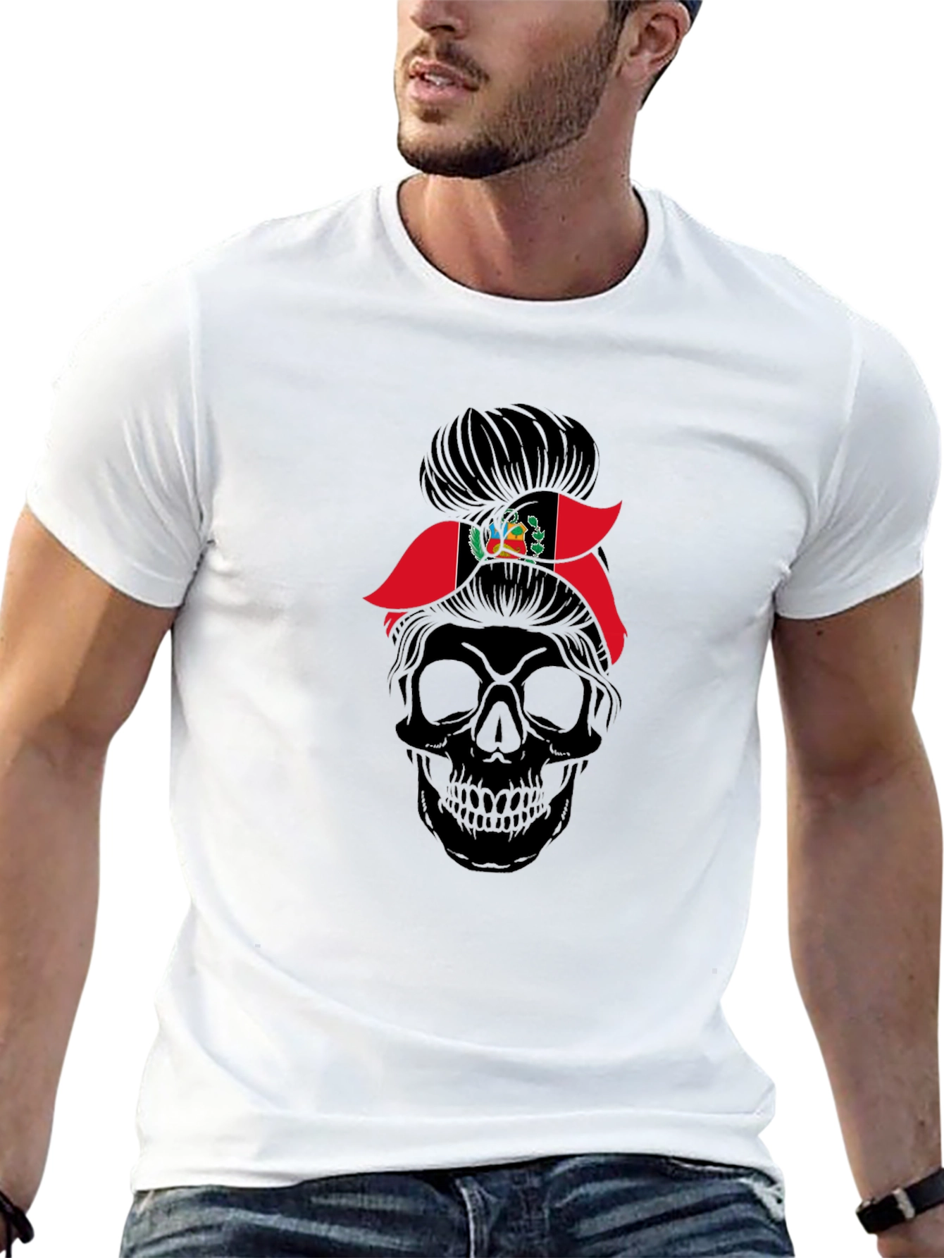 Peru Flag Messy Bun Skull T-Shirt
