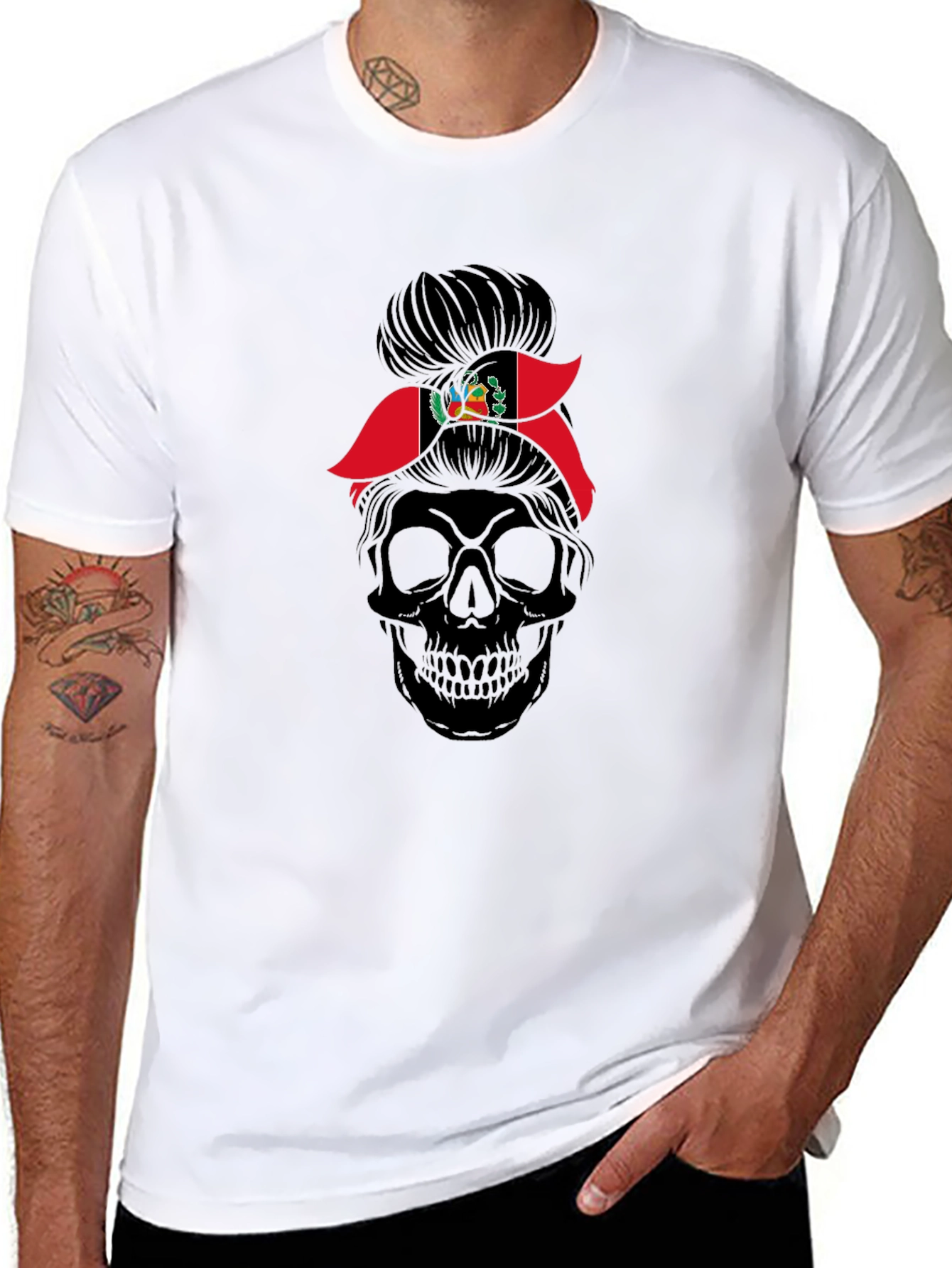 Peru Flag Messy Bun Skull T-Shirt