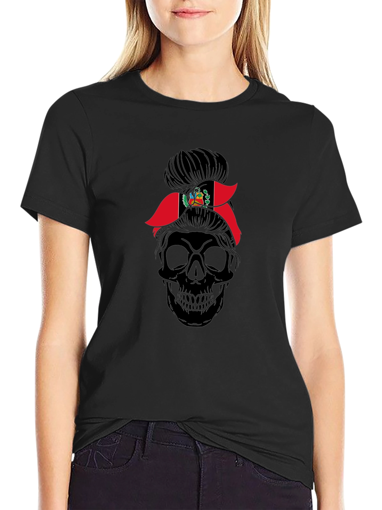 Peru Flag Messy Bun Skull T-Shirt