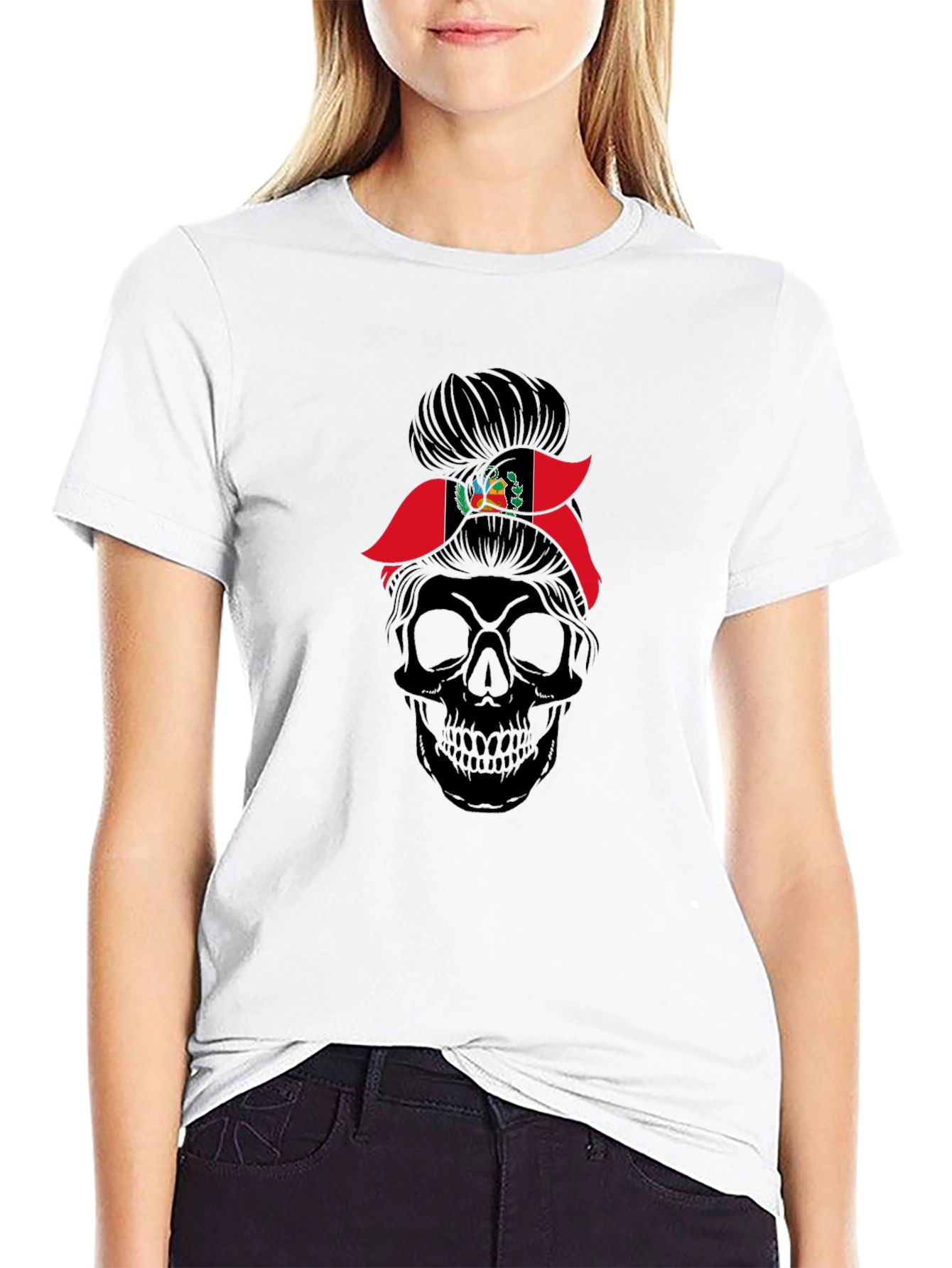 Peru Flag Messy Bun Skull T-Shirt