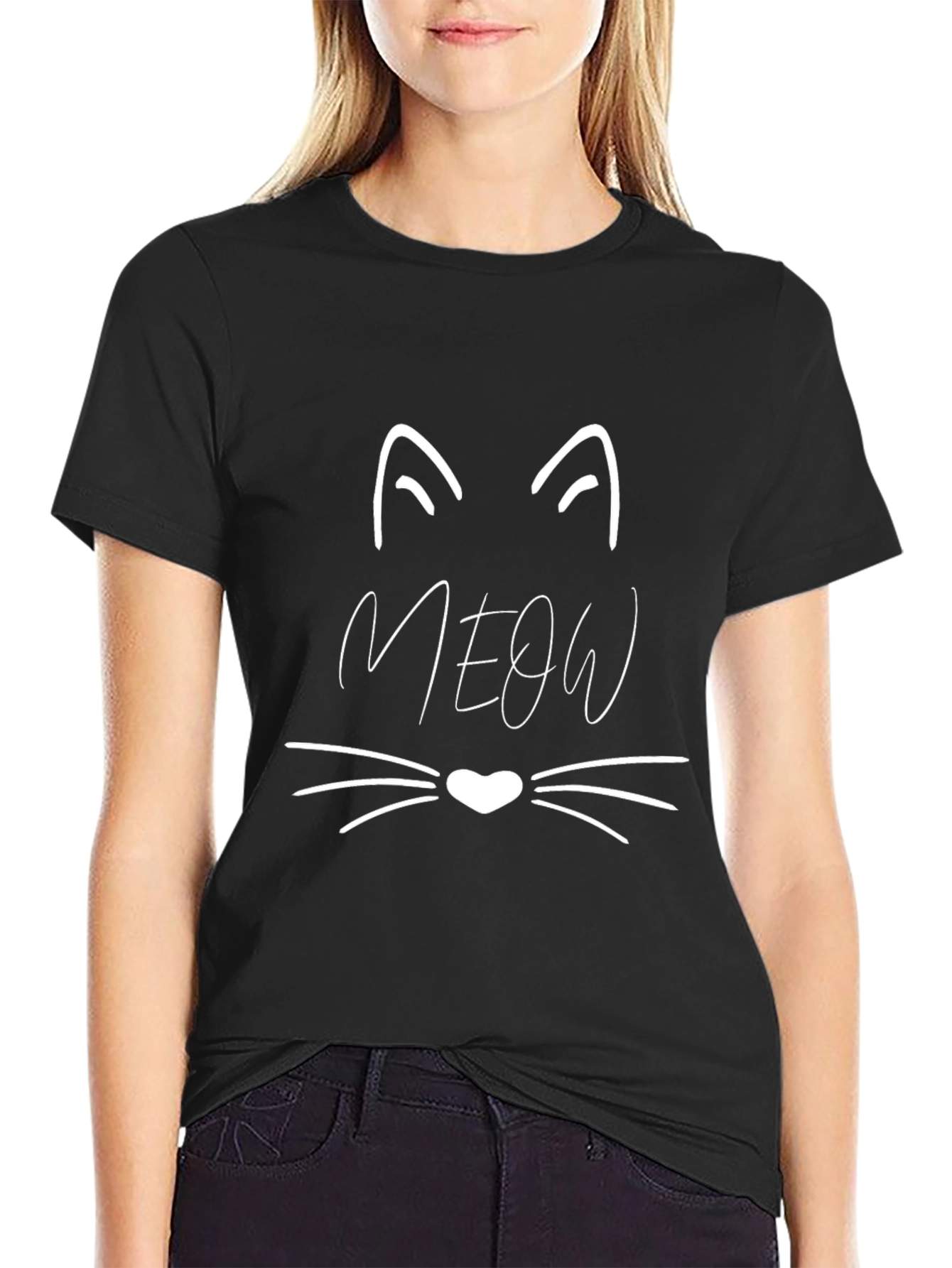 Meow Cat Face Graphic Black T-Shirt