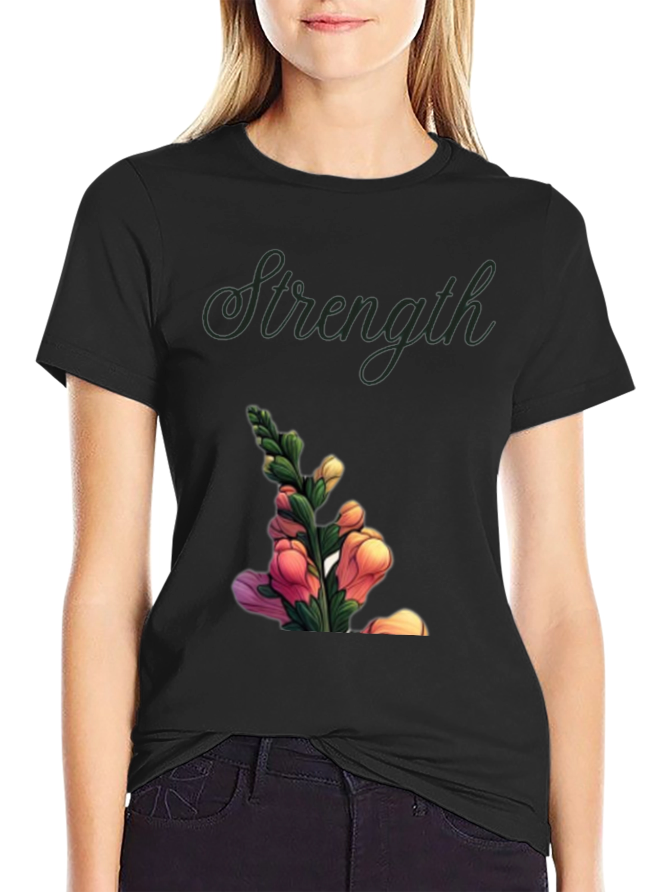Strength Flower Graphic T-Shirt - Black