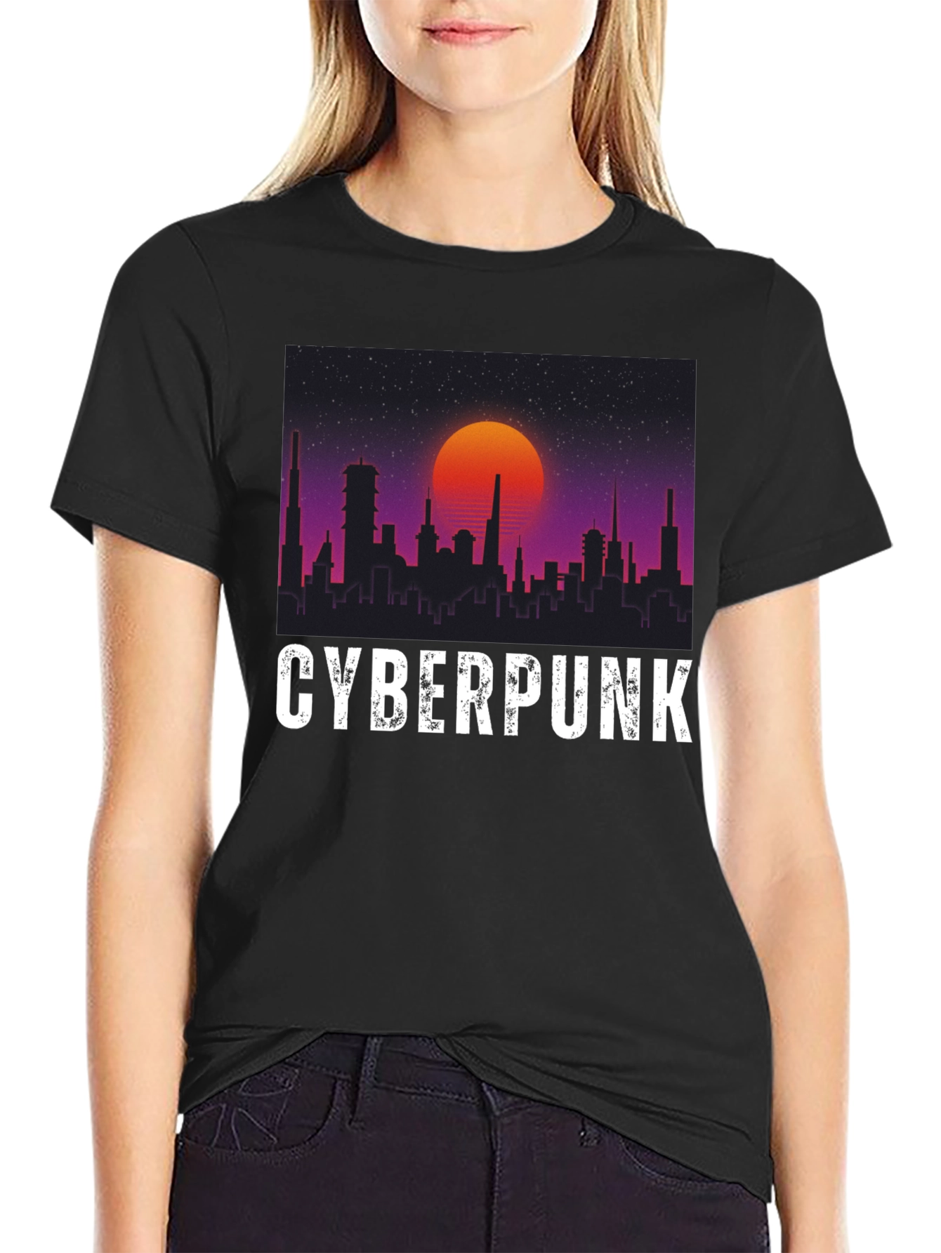 Cyberpunk Cityscape Graphic Tee - Retro Sunset Design