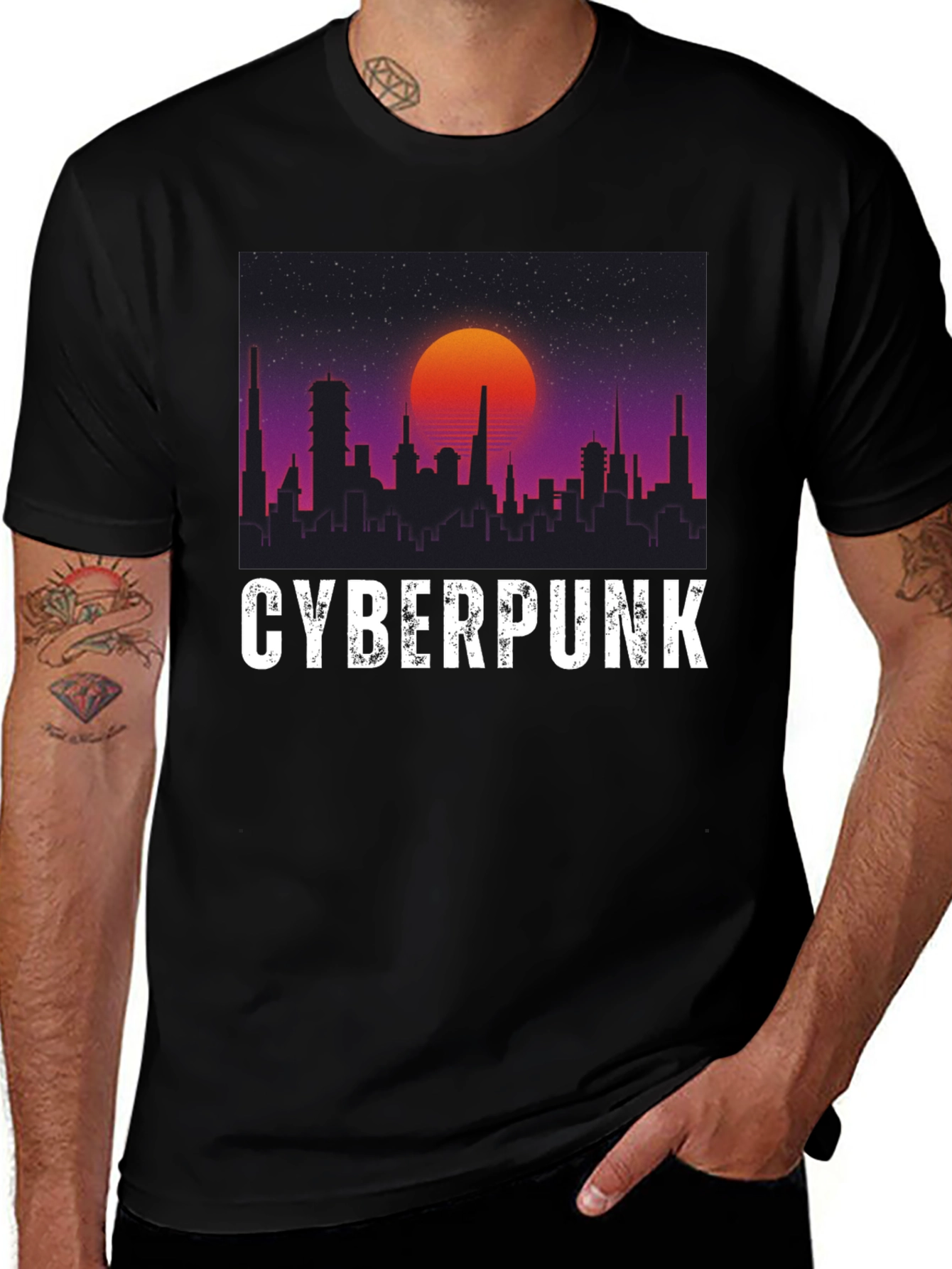 Cyberpunk Cityscape Graphic Tee - Retro Sunset Design