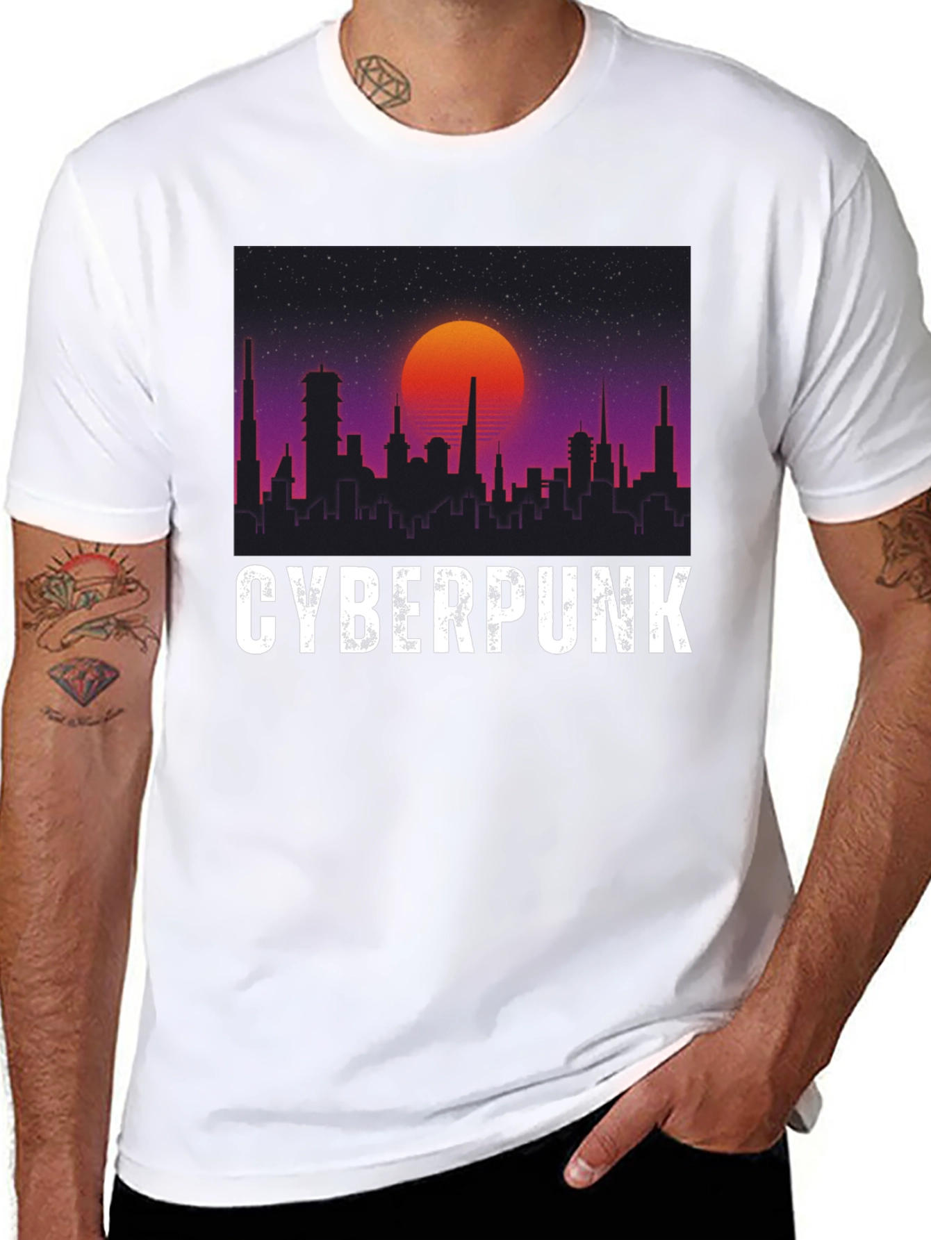 Cyberpunk Cityscape Graphic Tee - Retro Sunset Design