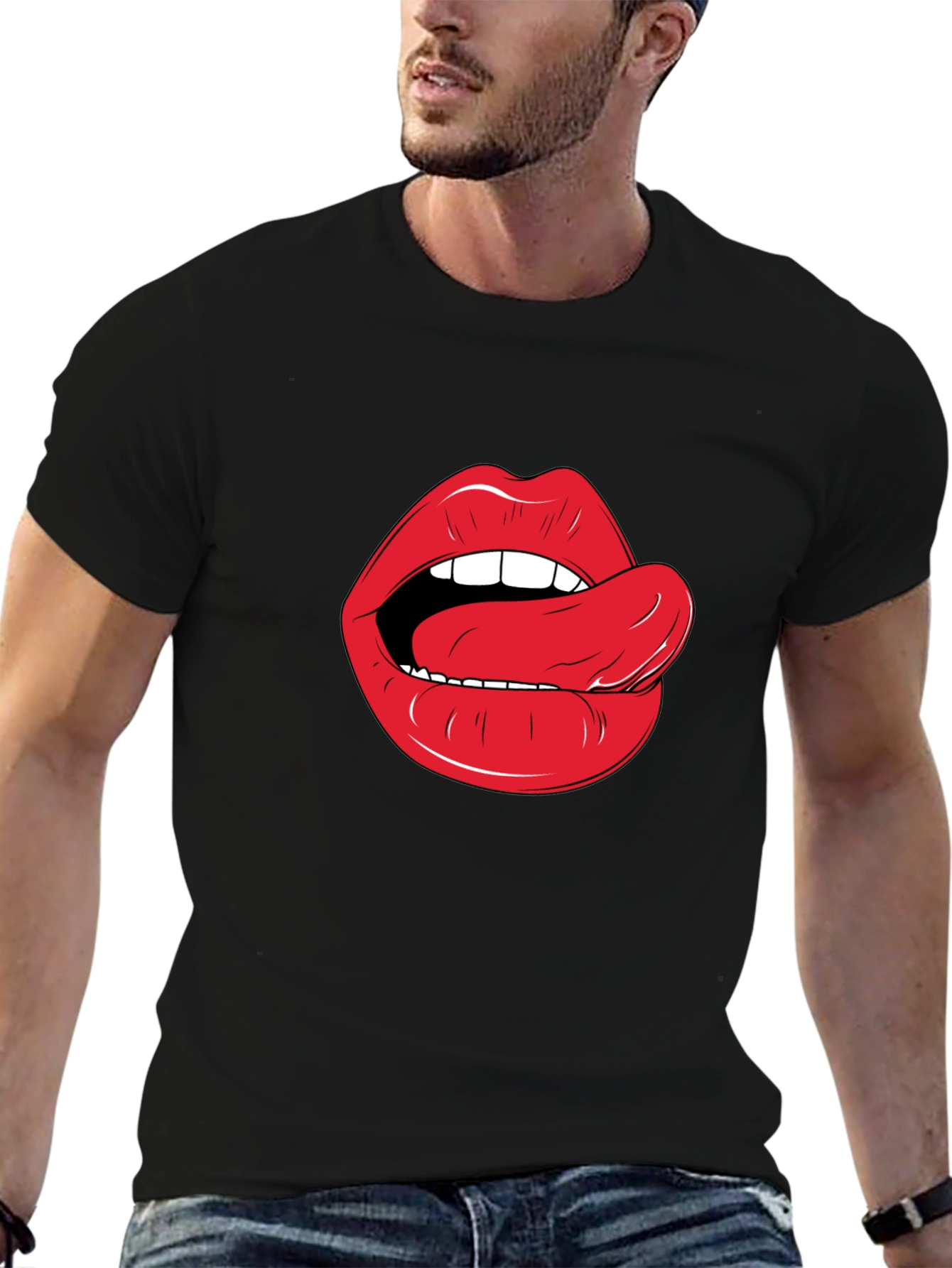 Lips & Tongue Graphic Tee - Black Cotton T-Shirt