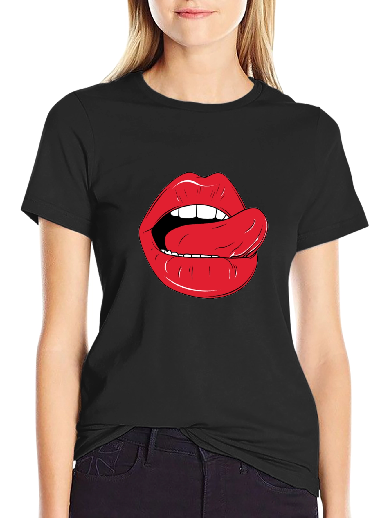 Lips & Tongue Graphic Tee - Black Cotton T-Shirt