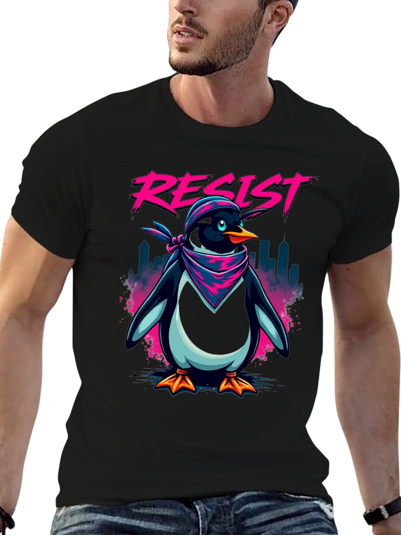 Resist Penguin Graphic Tee - Unisex Black T-Shirt