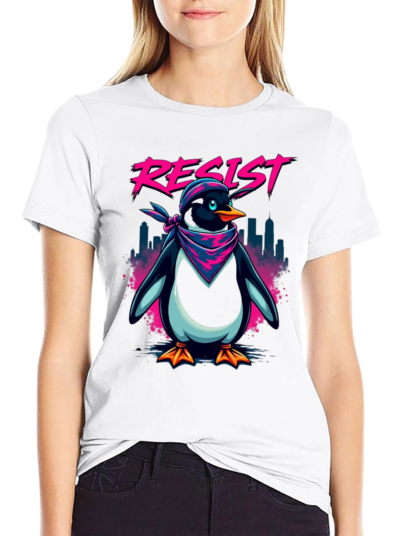 Resist Penguin Graphic Tee - Unisex Black T-Shirt