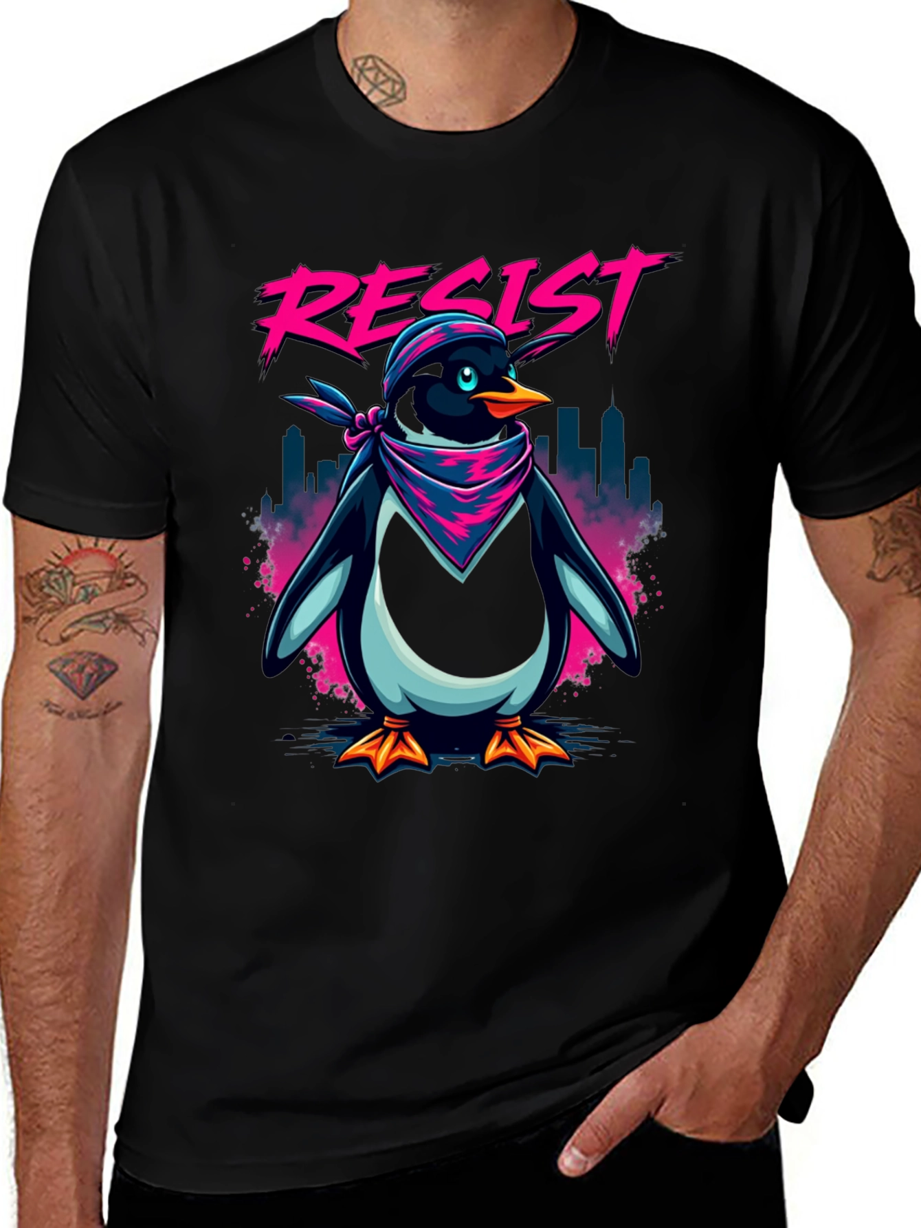 Resist Penguin Graphic Tee - Unisex Black T-Shirt