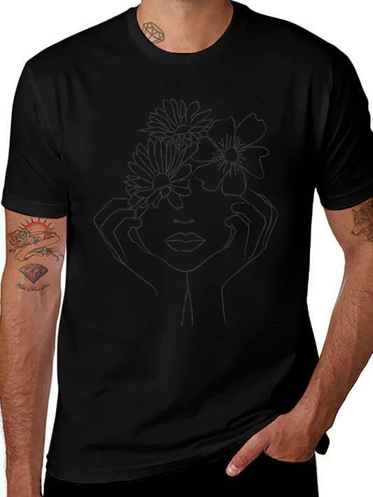 Abstract Floral Face Black T-Shirt