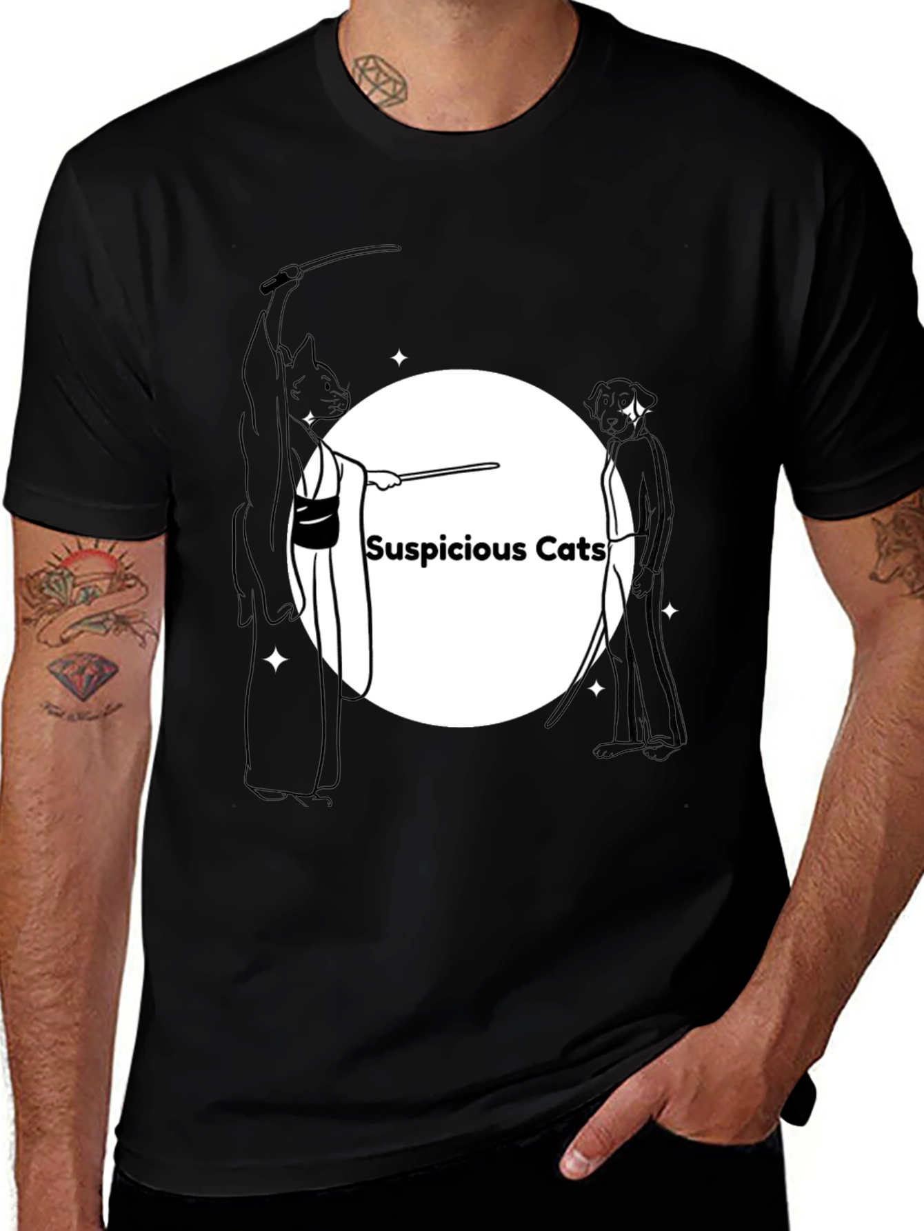 Suspicious Cats Graphic Tee - Black Cotton T-Shirt
